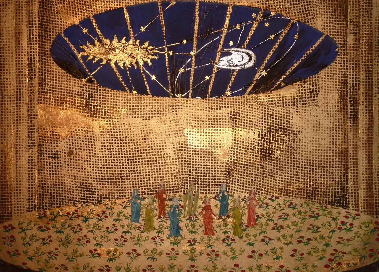 A stage design for Carl Orff’s Carmina Burana (Munich, 1959): a starry blue dome with the sun and moon above robed dancers on a flowered floor